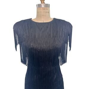 80s Cheryl Kay Black Fringe Flapper Cocktail Dress Gatsby Party Dress Sz 6/8
